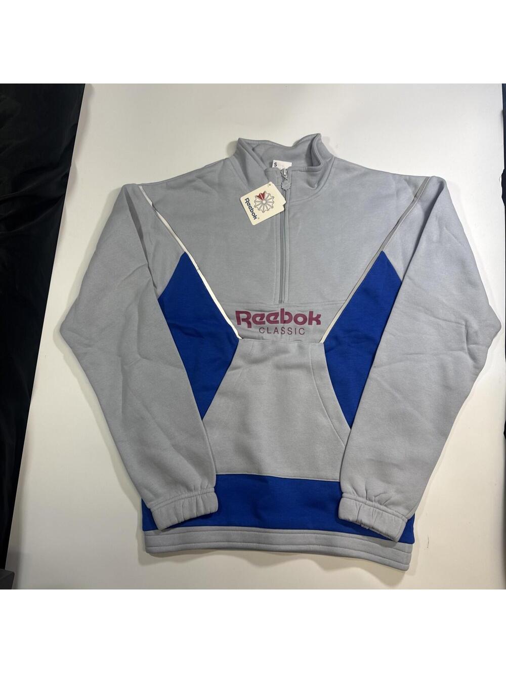 Reebok Classic Retro Vintage Style Small Pullover Sweatshirt Blue Gray Half Zip